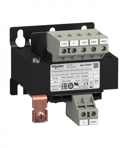 Phaseo, separacyjny transformator napięcia, wejście 230...400 V, wyjście 1 x 230 V, 25 VA Schneider ABL6TS02U