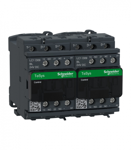 Układ nawrotny, TeSys Deca, AC3, 9A, 3P, 1NO 1NC, cewka 24VDC, niski pobór Schneider LC2D09BL