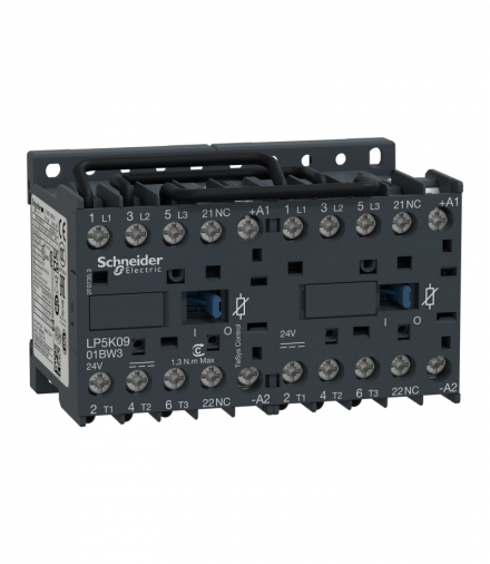 Stycznik nawrotny, TeSys K, 9A, 3P, 1NC, cewka 24VDC, zaciski skrzynkowe Schneider LP5K0901BW3