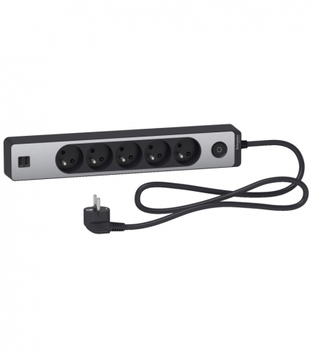 Odace, przedłużacz 5-gniazdowy z łącznikiem 2xUSB, 1,5m antracyt/szczotkowane aluminium Schneider ST935U1BA