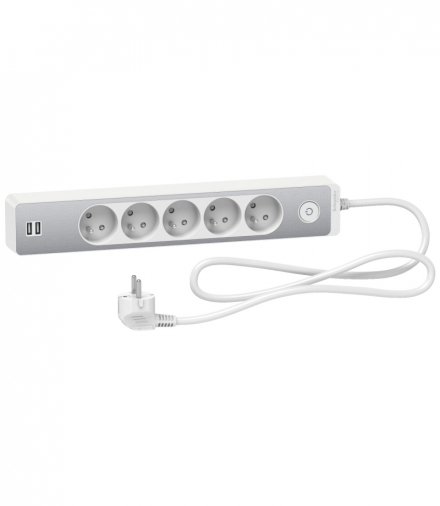 Odace, przedłużacz 5-gniazdowy z łącznikiem 2xUSB, 1,5m biały/szczotkowane aluminium Schneider ST935U1WA