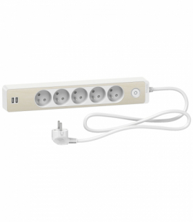 Odace, przedłużacz 5-gniazdowy z łącznikiem 2xUSB, 1,5m biały/drewno nordic Schneider ST935U1WC