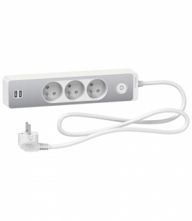 Odace, przedłużacz 3-gniazdowy z łącznikiem 2xUSB, 1,5m biały/szczotkowane aluminium Schneider ST933U1WA