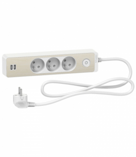 Odace, przedłużacz 3-gniazdowy z łącznikiem 2xUSB, 1,5m biały/drewno nordic Schneider ST933U1WC