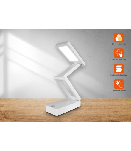 Lampka biurkowa LTC LED 3W, 3 barwy światła 3000/4000/6000K, panel dotykowy, akumulator 1200mAh, składana, biała LTC LXL1956