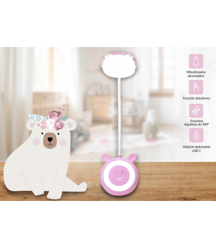 Lampka nocna LTC dla dzieci miś, 3W, 3 barwy światła 3000/4000/6000K, regulowana, akumulator 1200mAh, różowa LTC LXL1947R
