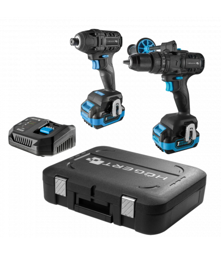 Zestaw akumulatorowej bezszczotkowej zakrętarki i wiertarko wkrętarki udarowej 18V OneAccuSystem + akumulator 4Ah + akumulator 2Ah + ładowarka + walizka Hogert HT2E248-B224IPD