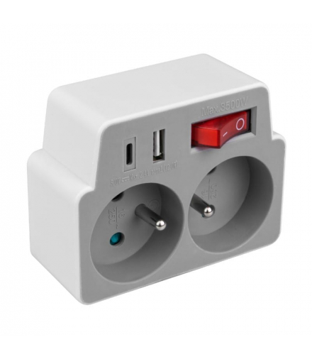 Rozgałęźnik elektryczny z włącznikiem, 2 gniazda z uziemieniem + USB C + USB A, biało-szary DPM P905