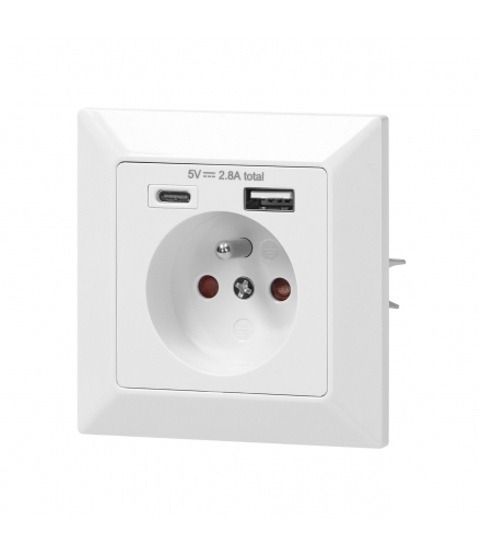 Gniazdo pojedyncze 2P+Z, USB-A + USB-C, wyjście 5VDC, max 2,8A Orno OR-AE-13232