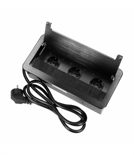 Gniazdo meblowe wpuszczane w blat z płaskim frezowanym rantem, szczotką przeciwkurzową i przewodem 1,5m, 3x2P+Z (Schuko), czarne Orno OR-GM-9045(GS)/B