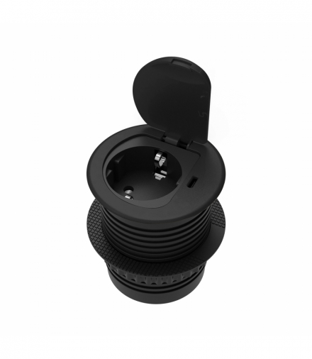 Gniazdo meblowe Ø6cm wpuszczane w blat z pokrywką, ładowarką USB i przewodem 1,9m, 1x2P+Z (Schuko), 1xUSB C 20W, czarne Orno OR-GM-9040(GS)/B