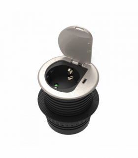 Gniazdo meblowe Ø6cm wpuszczane w blat z pokrywką, ładowarką USB i przewodem 1,9m, 1x2P+Z (Schuko), 1xUSB C 20W, srebrne Orno OR-GM-9040(GS)