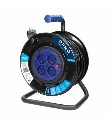 Przedłużacz bębnowy, 4 gniazda 2P+Z, kabel PVC H05VV-F 3x1,5mm², długość 25m, stałe gniazda, termik, przesłony torów prądowych. Orno OR-AE-13291/25M
