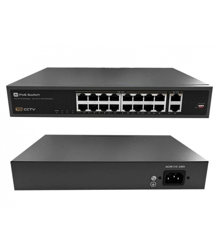 Switch 16 portowy PoE 10/100 Mbps 802.3af/at + 2x Uplink 100/1000 Mbps, 250W tryb Extend (250m) LXPOE/16