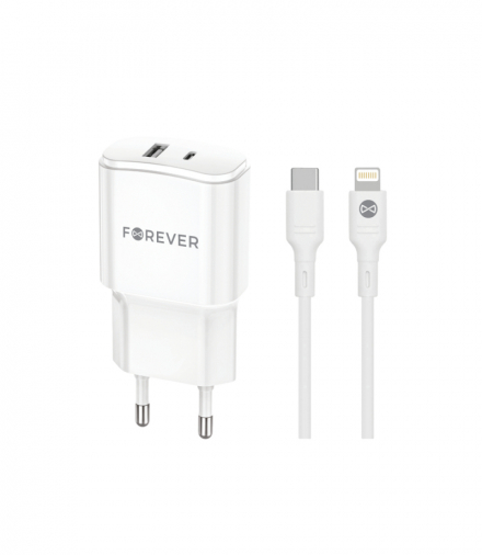 Forever ładowarka sieciowa PD QC TC-01-20AC 1x USB-C 1x USB 20W biała + kabel USB-C - Lightning 20W TFO GSM180749