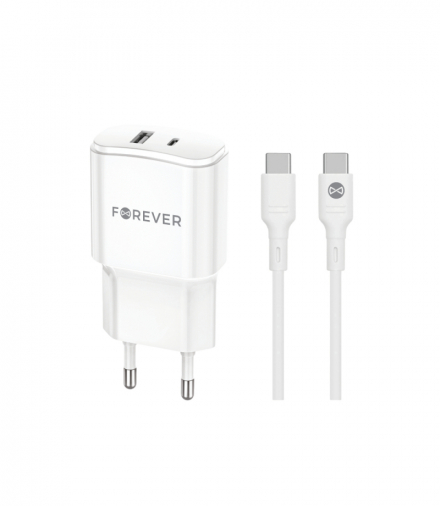 Forever ładowarka sieciowa PD QC TC-01-20AC 1x USB-C 1x USB 20W biała + kabel USB-C - USB-C 20W TFO GSM180747