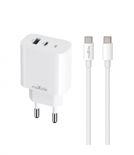 Maxlife ładowarka sieciowa PD QC MXTC-06-30AC 1x USB-C 1x USB 30W biała + kabel USB-C - USB-C 60W TFO OEM0101315