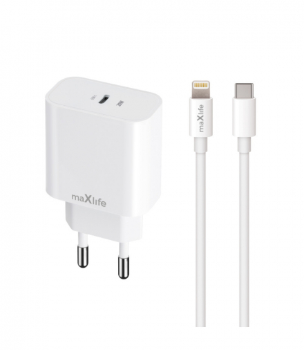 Maxlife ładowarka sieciowa PD QC MXTC-06-20C 1x USB-C 20W biała + kabel USB-C - Lightning 20W TFO OEM0101313