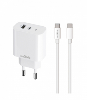 Maxlife ładowarka sieciowa PD QC MXTC-06-20AC 1x USB-C 1x USB 20W biała + kabel USB-C - USB-C 20W TFO OEM0101312