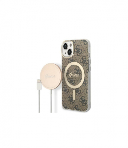 Guess zestaw nakładka + ładowarka do iPhone 14 Pro 6,1” GUBPP14LH4EACSW brązowa BP Magsafe case + charger 4G TFO GSM169057