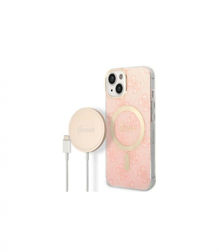 Guess zestaw nakładka + ładowarka do iPhone 14 6,1” GUBPP14LH4EACSP różowa BP Magsafe case + charger 4G TFO GSM169063