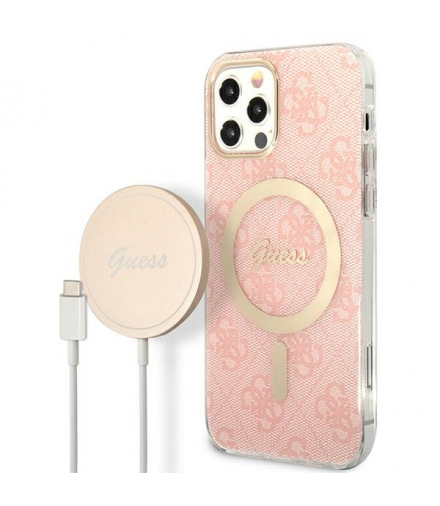 Guess zestaw nakładka + ładowarka do iPhone 12 / 12 Pro 6,1” GUBPP12MH4EACSP różowa hard case 4G Print MagSafe TFO GSM173681