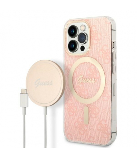 Guess zestaw nakładka + ładowarka do iPhone 13 Pro 6,1” GUBPP13LH4EACSP różowa hard case 4G Print MagSafe TFO GSM173684