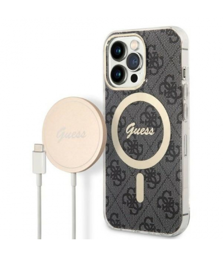 Guess zestaw nakładka + ładowarka do iPhone 13 Pro Max 6,7” GUBPP13XH4EACSK czarna hard case 4G Print MagSafe TFO GSM173686