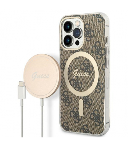 Guess zestaw nakładka + ładowarka do iPhone 13 Pro Max 6,7” GUBPP13XH4EACSW brązowa hard case 4G Print MagSafe TFO GSM173688