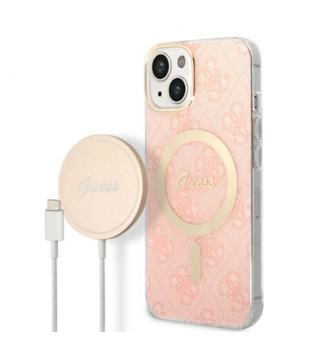 Guess zestaw nakładka + ładowarka do iPhone 14 Plus 6,7” GUBPP14MH4EACSP różowa hard case 4G Print MagSafe TFO GSM173694