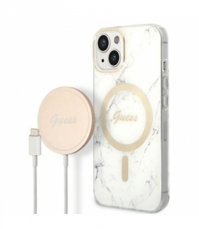 Guess zestaw nakładka + ładowarka do iPhone 14 Plus 6,7” GUBPP14MHMEACSH biała hard case Marble MagSafe TFO GSM173696