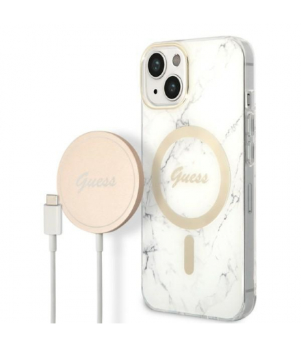 Guess zestaw nakładka + ładowarka do iPhone 14 Plus 6,7” GUBPP14MHMEACSH biała hard case Marble MagSafe TFO GSM173696