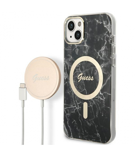 Guess zestaw nakładka + ładowarka do iPhone 14 Plus 6,7” GUBPP14MHMEACSK czarna hard case Marble MagSafe TFO GSM173697