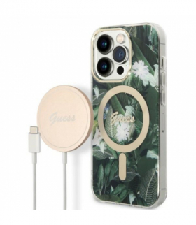 Guess zestaw nakładka + ładowarka do iPhone 14 Pro Max 6,7” GUBPP14XHJEACSA zielona hard case Jungle MagSafe TFO GSM173698