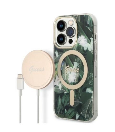 Guess zestaw nakładka + ładowarka do iPhone 14 Pro Max 6,7” GUBPP14XHJEACSA zielona hard case Jungle MagSafe TFO GSM173698