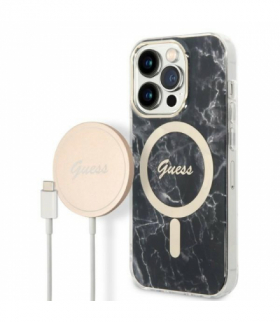 Guess zestaw nakładka + ładowarka do iPhone 14 Pro Max 6,7” GUBPP14XHMEACSK czarna hard case Marble MagSafe TFO GSM173699