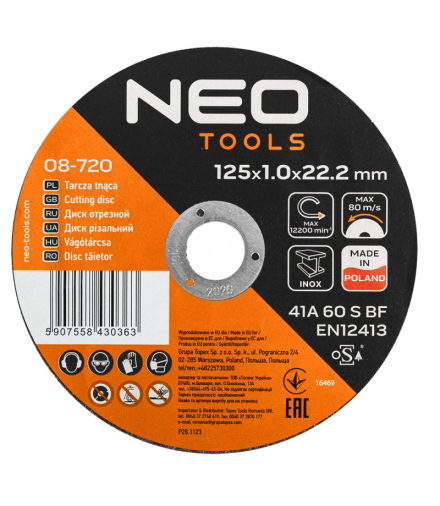 Tarcze tnące do metalu 41A 60 S BF -125 x 1,0 x 22,23 INOX, 25 sztuk w op. Wyprodukowano w Polsce GTX NEO Tools 08-720