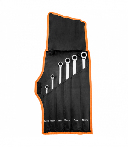 Klucze oczkowe z grzechotką, długie, zestaw 6 szt., 8 - 19 mm, miękkie etui GTX NEO Tools 09-370