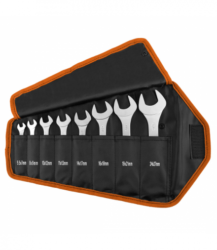 Klucze płaskie dwustronne, super cienkie, 5.5 x 27 mm, zestaw 8 szt., materiałowe etui GTX NEO Tools 09-860