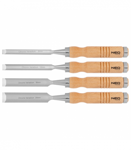 Dłuta 6, 12, 18, 24 mm, zestaw 4 szt. Uchwyt drewniany GTX NEO Tools 37-800