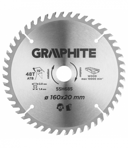 Tarcza do pilarki, zagłębiarki, widiowa, 160 x 1.4 x 2.0 x 20 mm, 48 zębów GTX GRAPHITE 55H685