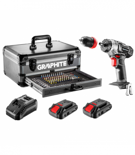 Zestaw Energy+ w walizce aluminiowej: wiertarko wkrętarka 2x18V/2.0Ah, 10 mm, zdejmowany uchwyt + 10 GTX GRAPHITE 58G022-PS15