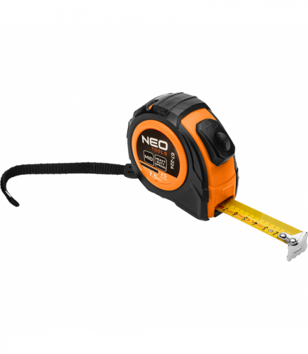 Miara zwijana stalowa 7,5 m x 25 mm, auto blokada, dwa przyciski stop GTX NEO Tools 67-224