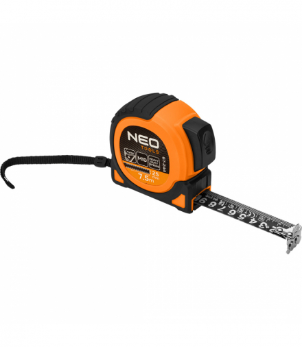 Miara zwijana stalowa Super Black 7,5 m x 25 mm, auto blokada, dwa przyciski stop, magnes GTX NEO Tools 67-244