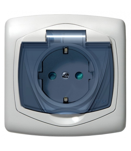 TON GPH-1CSP/00/d Gniazdo bryzgoszczelne z uziemieniem schuko IP-44 z przesłonami torów prądowych wieczko przezroczyste, BIAŁY