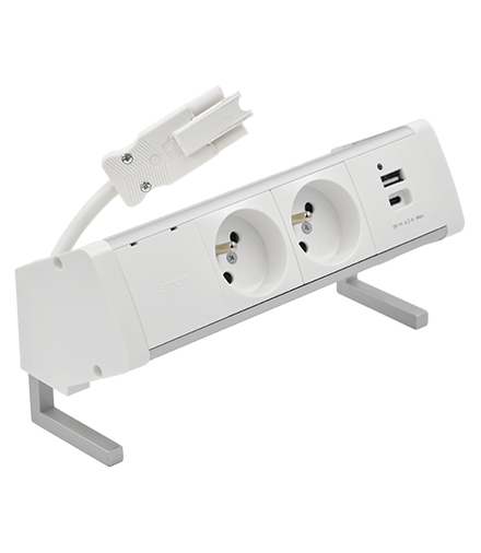 Biurkowy zestaw gniazd 2x250V typ E + ładowarka USB A-C szybkozłącza aluminium biały Simon480 48410E20B000000-30