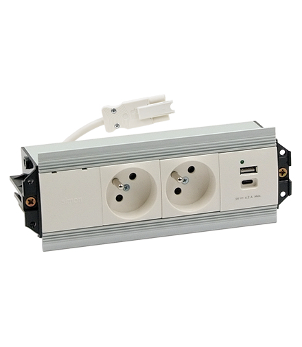 Mediaport Indesk 2x250V typ E + ładowarka USB A-C szybkozłącza aluminium biały Simon480 48510E20B000000-30