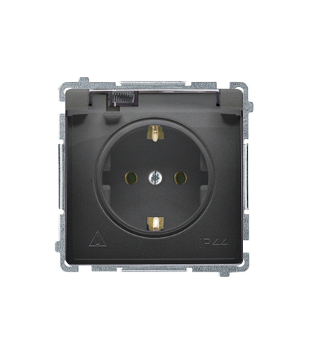 Gniazdo wtyczkowe pojedyncze do wersji IP44 z uziemieniem typu Schuko z przesłonami torów prądowych - bez uszczelki ramki - klapka w kolorze transparentnym czarny mat 16A Simon Basic BMGSZ1BZ.01/49A