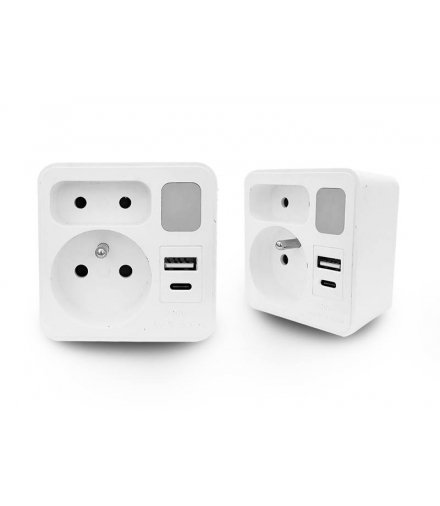 Rozgałęźnik sieciowy 2 gniazda,USB,USB-C 5V/2A z lampką nocną LXW72022