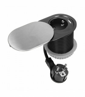 Gniazdo meblowe Ø6cm, wpuszczane w blat z przesuwną pokrywką, ładowarką USB i przewodem 1,9m, 1x2P+Z (Schuko), 1xUSB (typ A+C PD20W), srebrne Orno OR-GM-9042(GS)/G